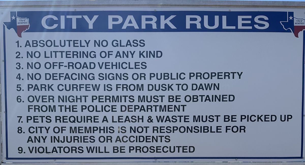 City park sign of rules